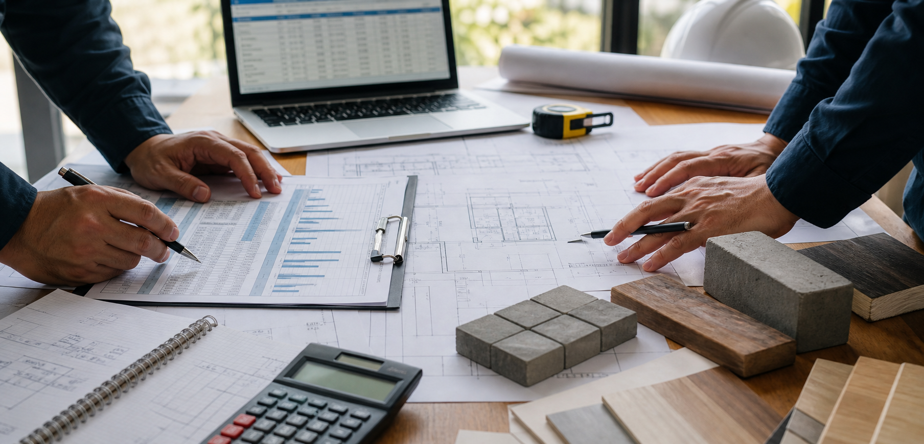 Mesa de consultoria tecnica con planos, presupuesto, calculadora y muestras de materiales